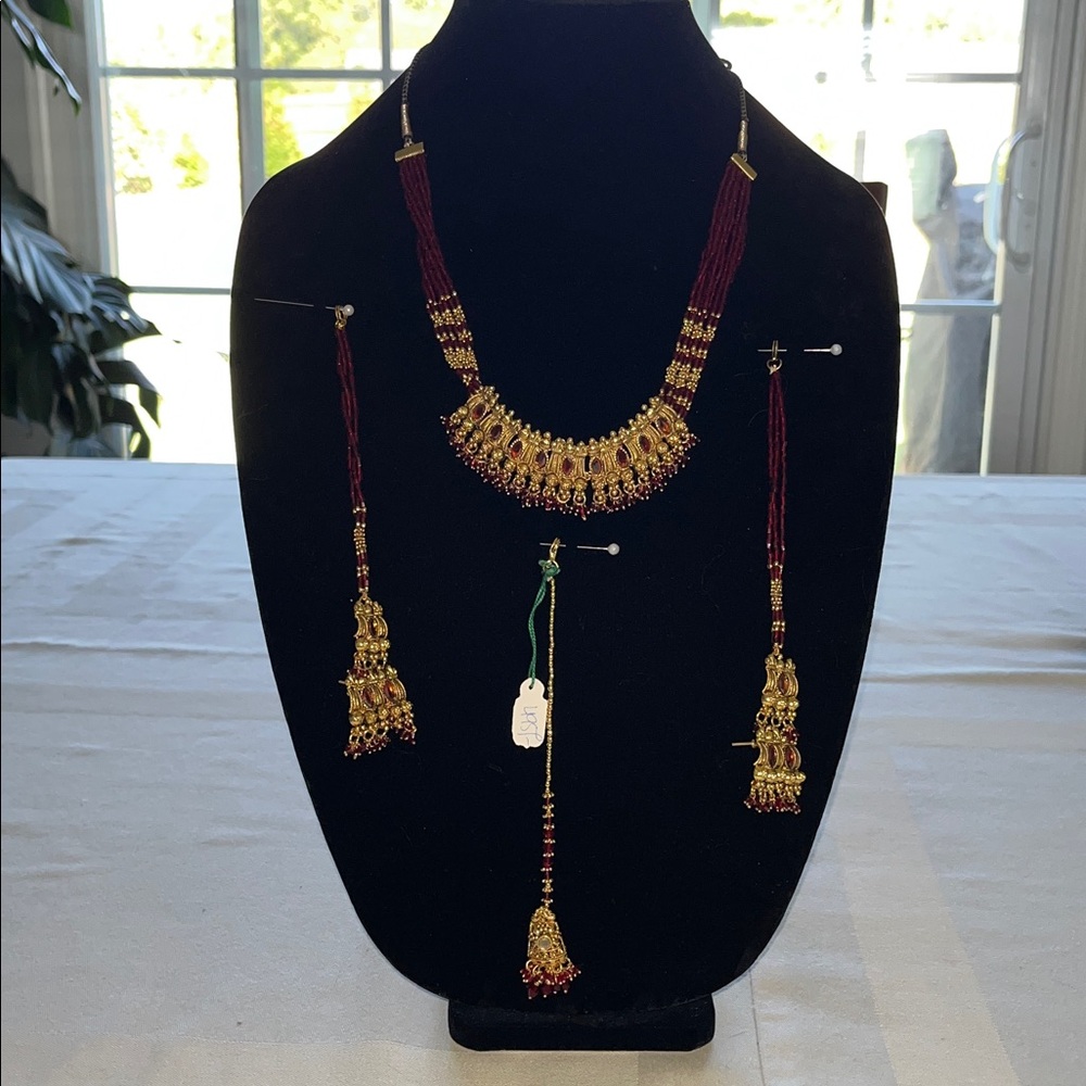 Traditional Bridal Gold  Tone and Maroon Jewelry Set